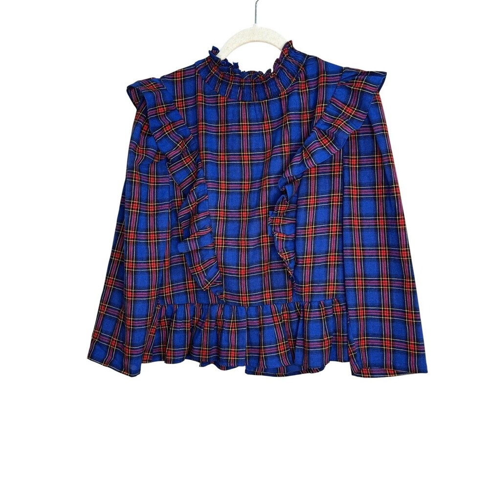 English Factory Shirt Womens Small Blue Plaid Ruffle Mock Neck Long Sleeve Top